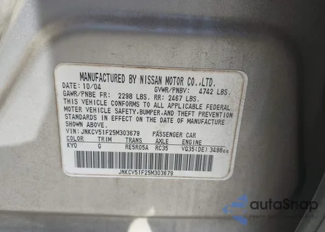 2005 Infiniti G35X z USA, uszkodzony, nr VIN JNKCV51F25M303679